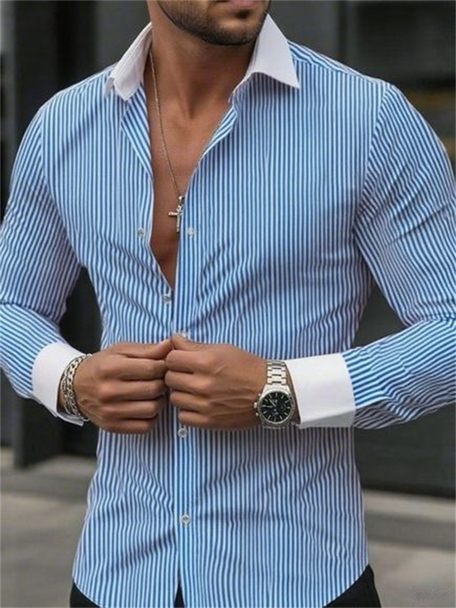 Men Formal Wear Shirts - Heren slim-fit gestreepte revers lange mouwen