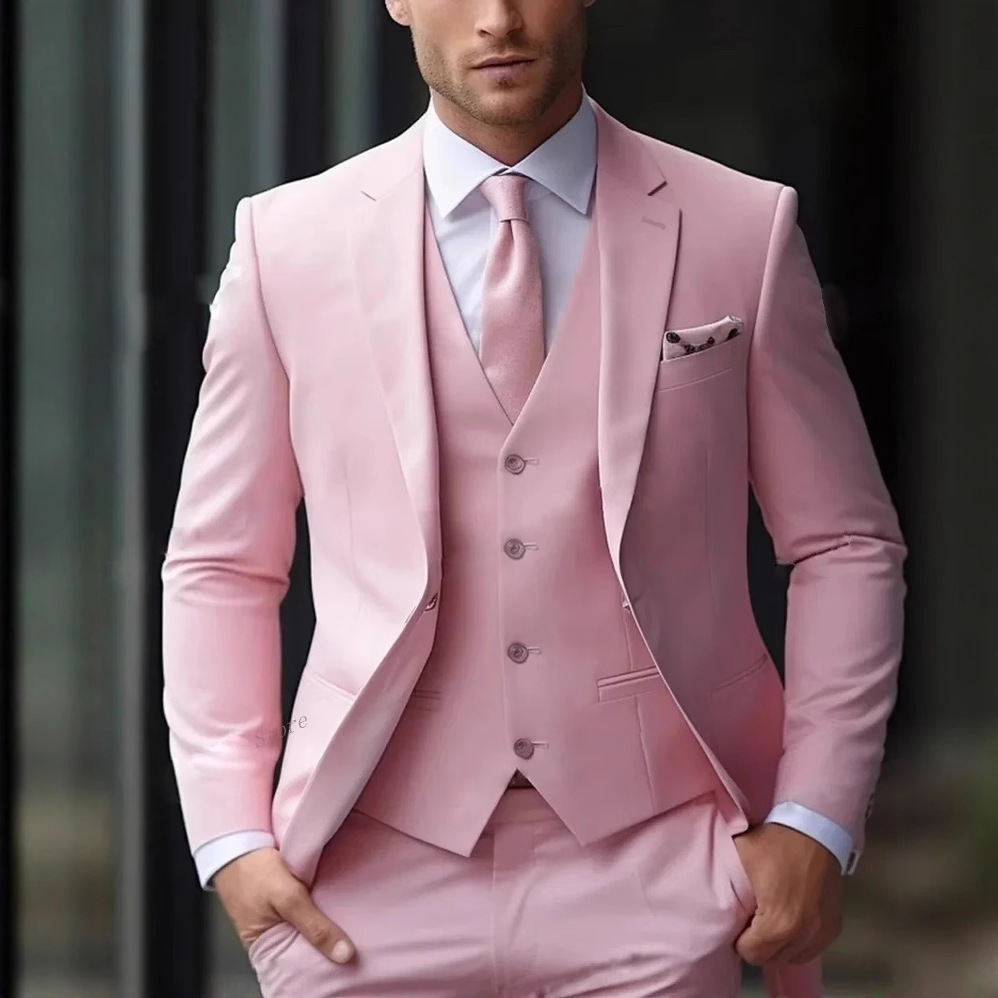 Men'S Formal Wear For Reception - 3-delige roze formele herenpakken, slim fit,