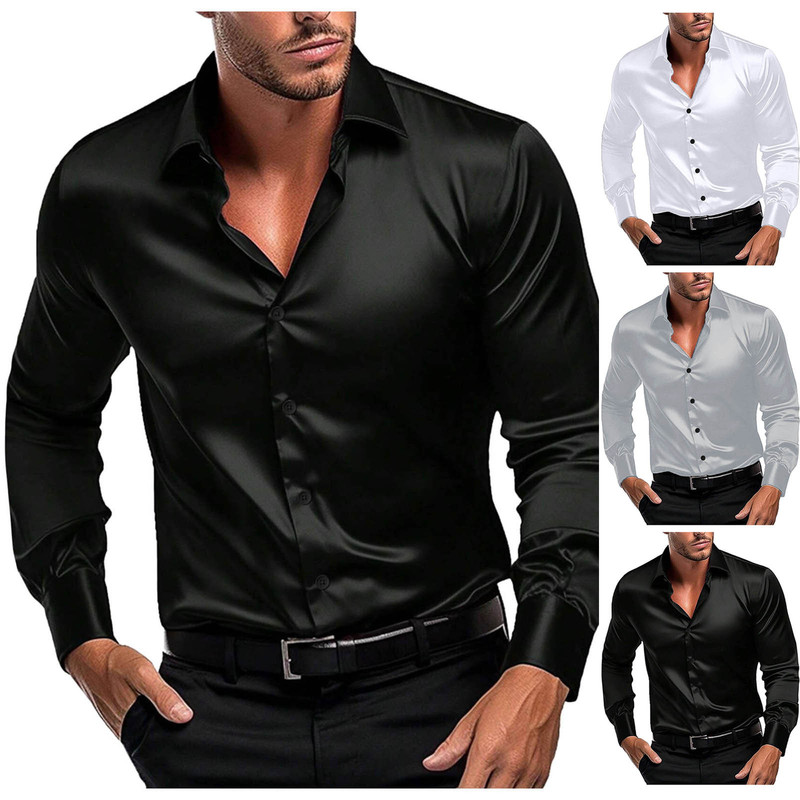 Mens Formal Look - Heren Glanzend Satijnen Overhemd met Lange